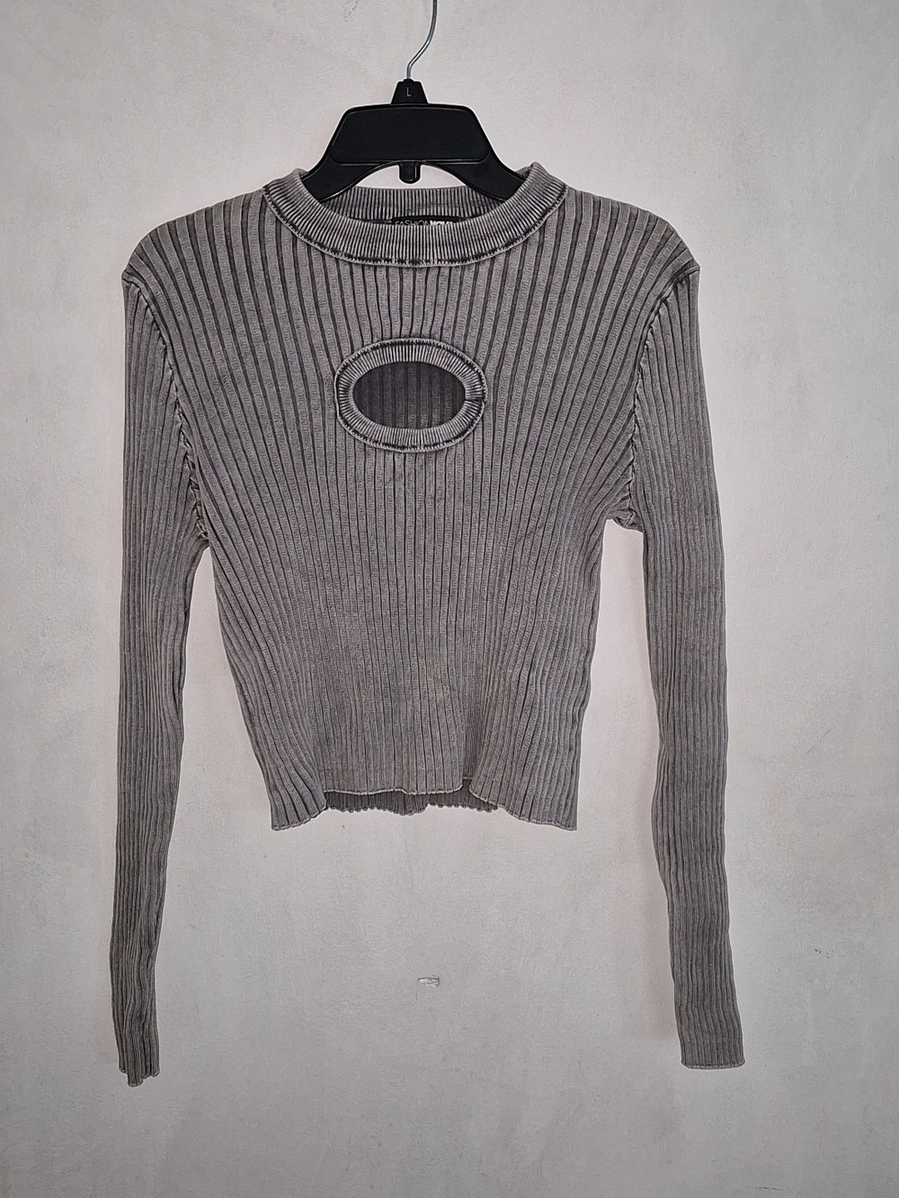 Fashion Nova Gray Ribbed Long Sleeve Top with Front Cutout